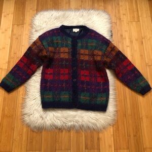 Vintage Susan Bristol Mohair Colorful Plaid Windowpane Cardigan Sweater size M